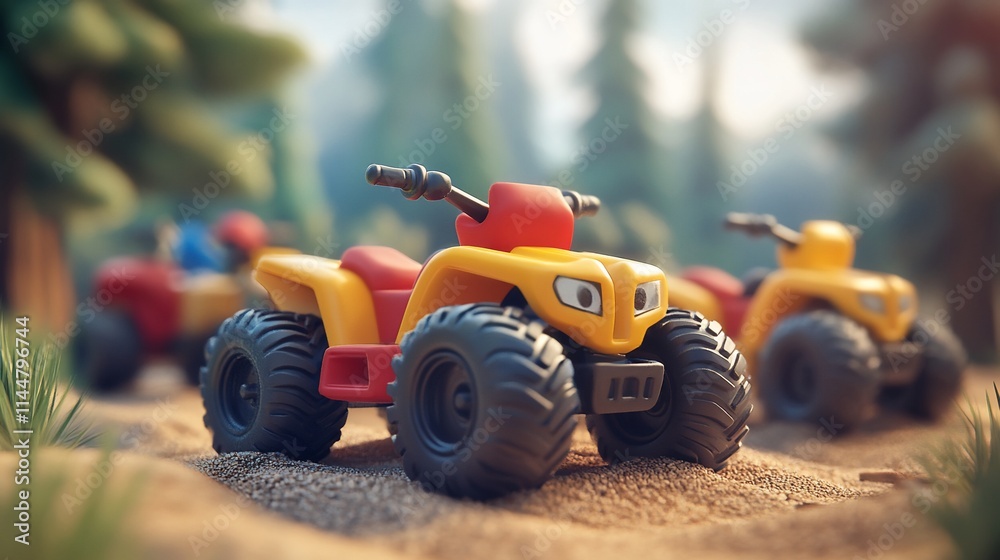 Three toy quad bikes on sandy trail in forest. Three toy quad bikes on sandy trail in forest.