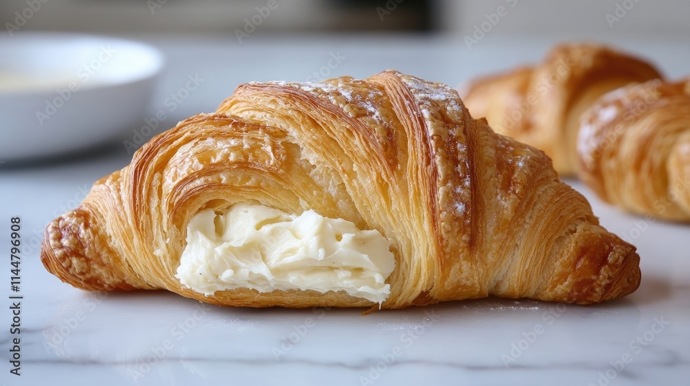 Garlic butter is generously spread on a freshly baked croissant, perfect for breakfast. Enjoy homemade croissants, ideal for a delightful breakfast experience with ample copy space.