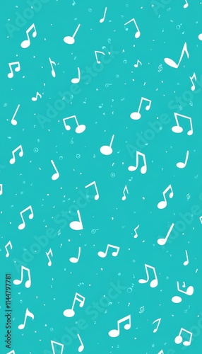 Turquoise Background With Dancing Musical Notes, Music Seamless Pattern, Notes Symbol Pattern