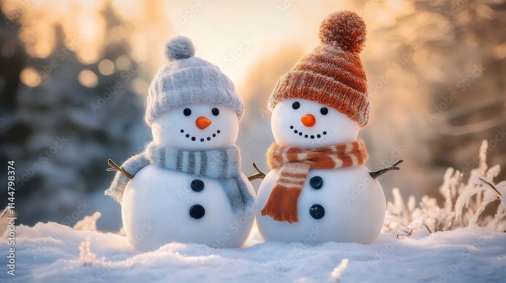 Two snowmen wearing knitted hats and scarves in snowy winter landscape. Two snowmen wearing knitted hats and scarves in snowy winter landscape.