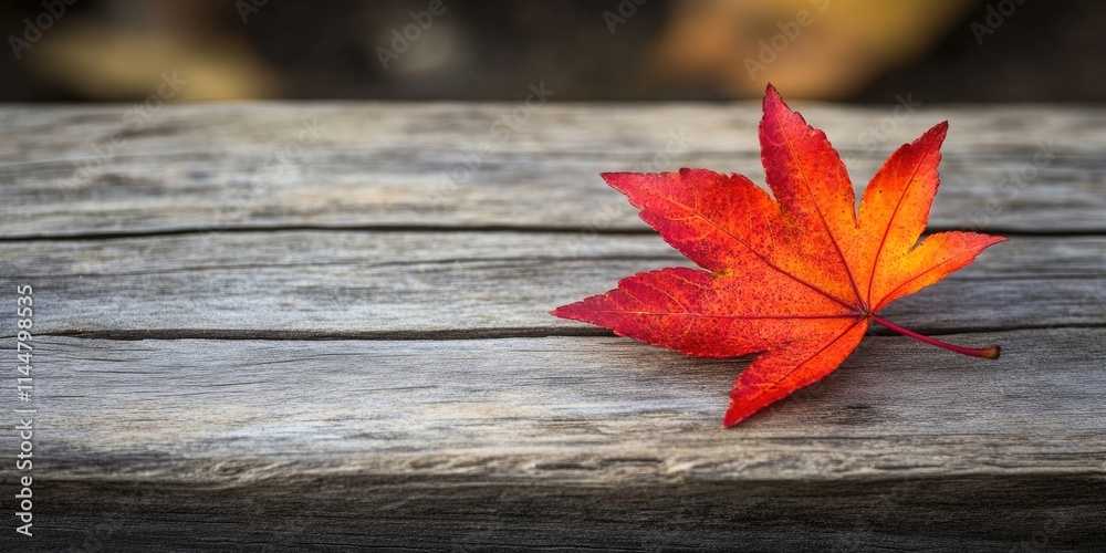 Obraz premium A red maple leaf rests on a wooden surface, set against a blurred backdrop that enhances its vibrant color and natural beauty. The scene captures the essence of nature.