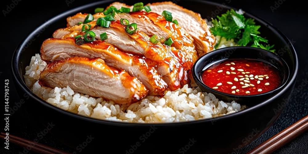 Deliciously plated pork dish with rice and sauce, garnished with fresh herbs. Deliciously plated pork dish with rice and sauce, garnished with fresh herbs.