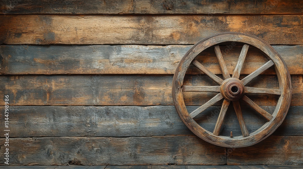 A rustic wooden wall featuring an old, weathered wagon wheel, showcasing vintage charm and timeless craftsmanship. A rustic wooden wall featuring an old, weathered wagon wheel, showcasing vintage charm and timeless craftsmanship.