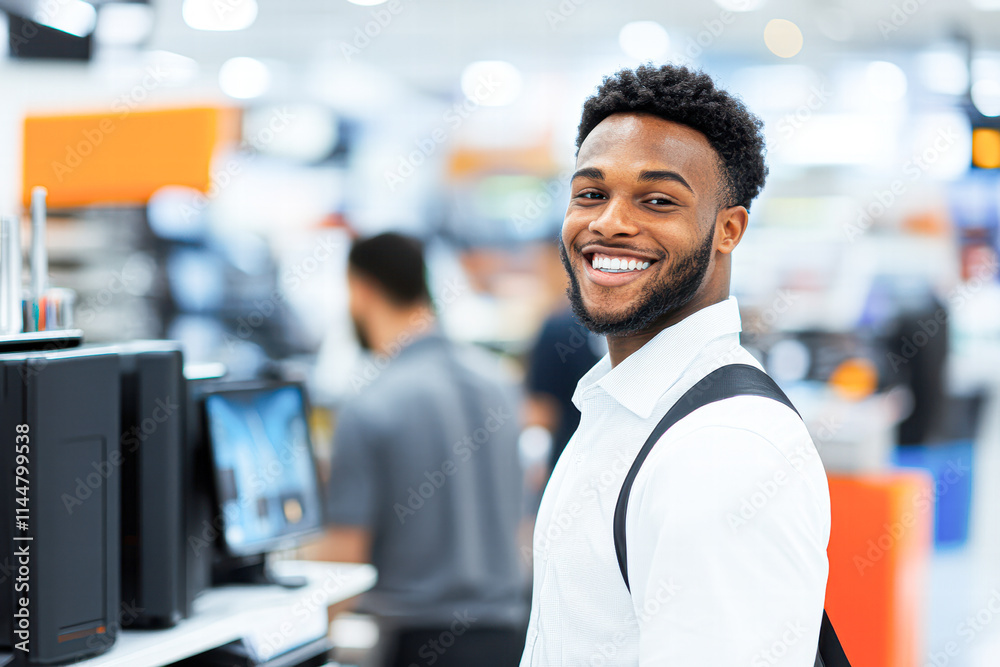 Fototapeta premium Smiling young man in electronics store retail environment professional portrait bright atmosphere