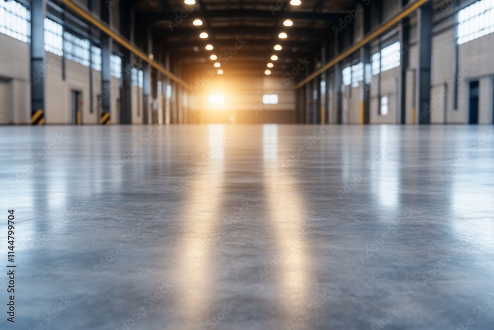 Spacious industrial interior with polished floor and sunlight streaming in. Spacious industrial interior with polished floor and sunlight streaming in.