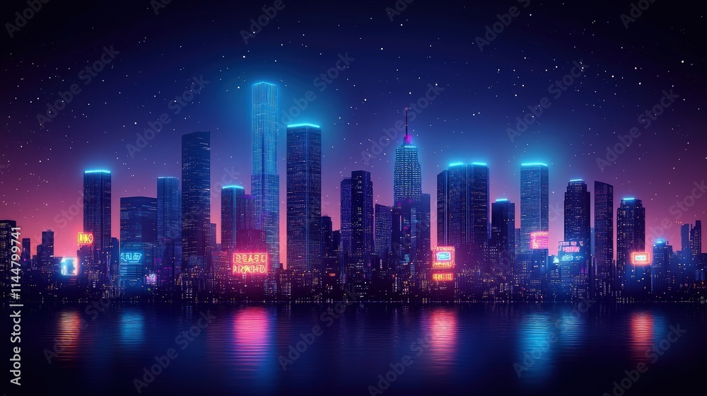 Fototapeta premium Night cityscape with vibrant neon lights reflecting on water.