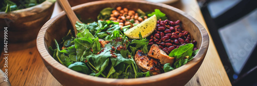 A nutritious bowl of salad includes fresh leafy greens, grilled chicken pieces, and colorful beans, garnished with a wedge of lemon on a wooden table. photo