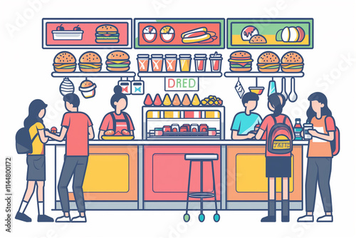 Cheerful Fast Food Shop Scene with Vibrant Atmosphere and Happy Customers - Vector Illustration
