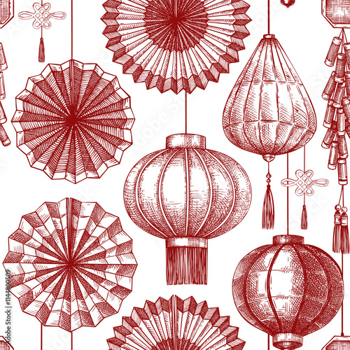 Chinese lantern and folding fan sketch. Lunar New Year background. China seamless pattern. NOT AI generated image