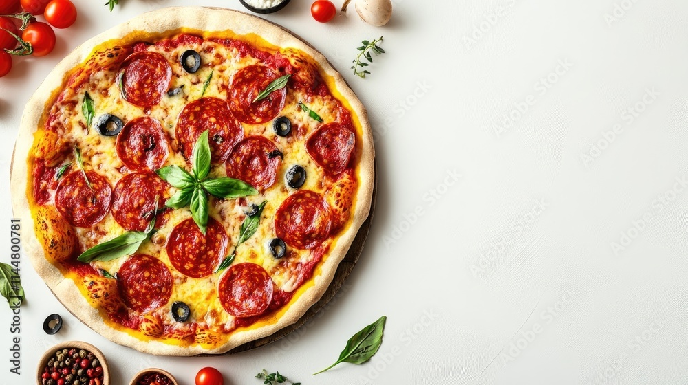 Delicious pizza topped with salami presented on a white background, ideal for advertising and design, offering ample space for creative use with the delicious pizza theme. Delicious pizza topped with salami presented on a white background, ideal for advertising and design, offering ample space for creative use with the delicious pizza theme.