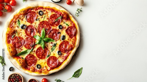 Delicious pizza topped with salami presented on a white background, ideal for advertising and design, offering ample space for creative use with the delicious pizza theme. photo