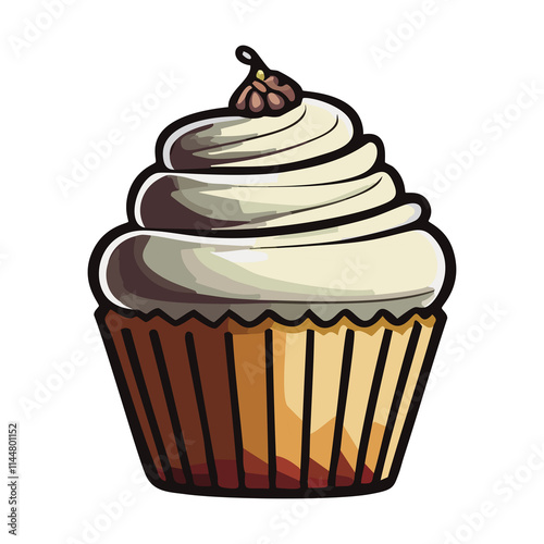 Vector Illustration of Cupcake with Vanilla Frosting and Chocolate Topping – Sweet Dessert Clipart