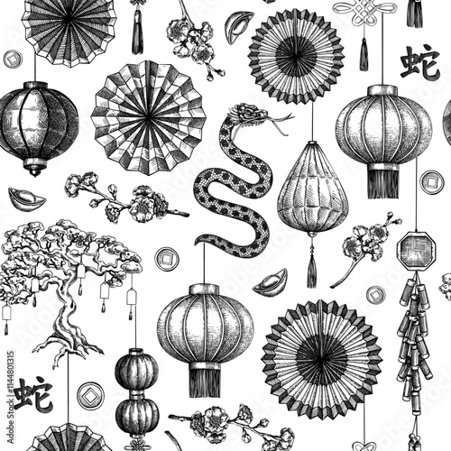 Traditional China seamless pattern. Chinese New Year background. Hand-drawn vector illustrations. NOT AI generated