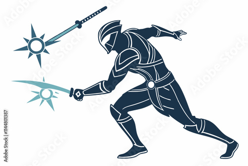 Cyber Ninja, A sleek futuristic ninja with glowing blades or shuriken vector silhouette on a white background