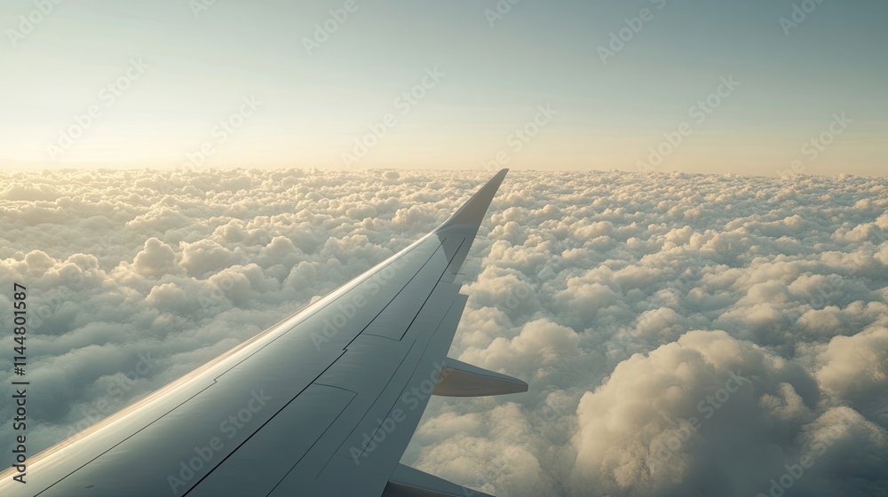 Wing of a commercial airliner gracefully extending over a sea of clouds, illustrating the beauty of flight. This image of a commercial airliner captures the serenity above. Wing of a commercial airliner gracefully extending over a sea of clouds, illustrating the beauty of flight. This image of a commercial airliner captures the serenity above.