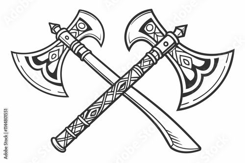 Double Axes, Two crossed axes with ornate handles vector silhouette on a white background