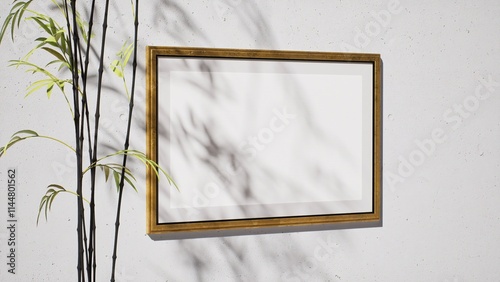 Fotografie Poster mockup empty wooden wide horizontal format frame on a gray wall and houseplant next to its shadows close-up in modern interior