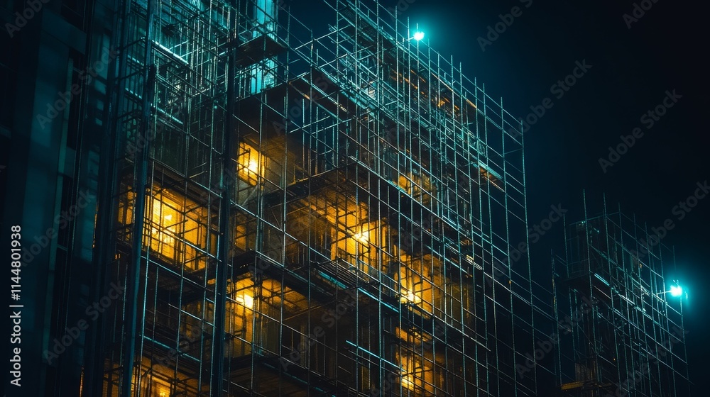Naklejka premium Nighttime building, scaffolding, illuminated windows.