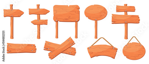 Vector cartoon wooden sign boards set. Wood road banners, hanging boards and direction arrow. information boards, blank guideposts, direction pointers. Christmas wooden signboard banner template