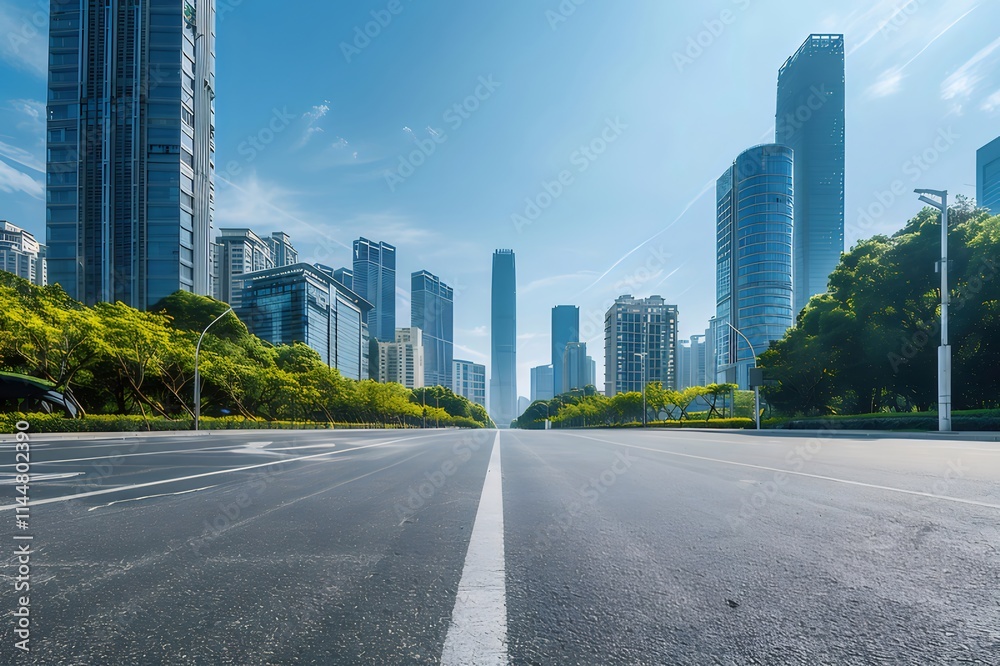 Empty city road leading to skyscrapers on sunny day. Empty city road leading to skyscrapers on sunny day.