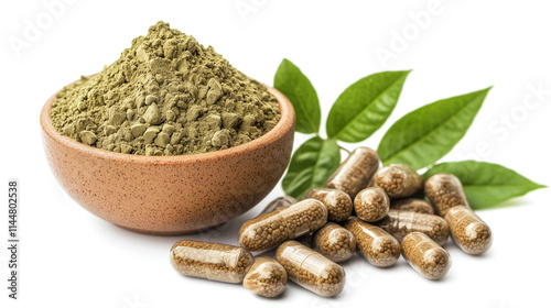 Raw Triphala powder with fresh Triphala fruit and leaves beside Ayurvedic Triphala hard tablets in a bowl