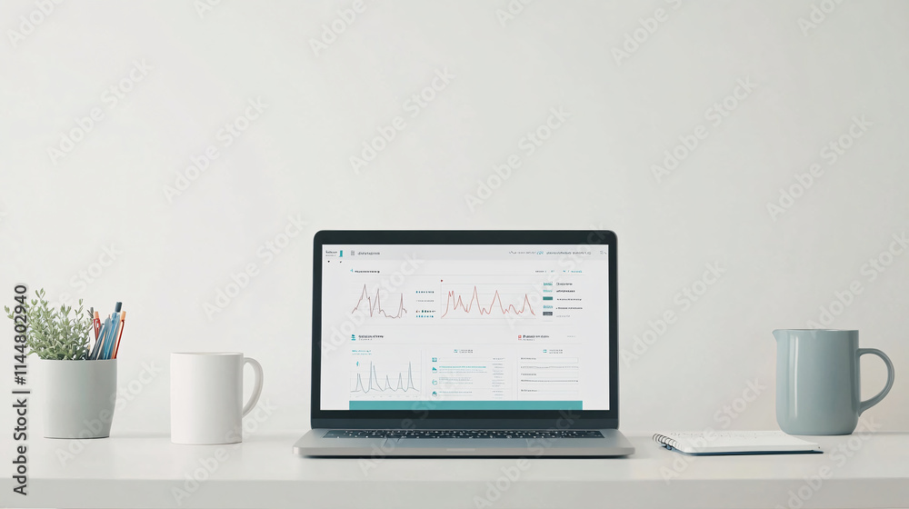 A minimalist desk with a laptop displaying a secure digital health portal. The screen shows a dashboard featuring graphs of blood pressure, cholesterol levels, and recent consultations. Surrounding A minimalist desk with a laptop displaying a secure digital health portal. The screen shows a dashboard featuring graphs of blood pressure, cholesterol levels, and recent consultations. Surrounding