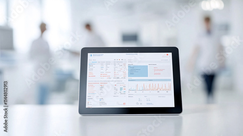 A sleek digital tablet displaying an organized health record interface, complete with patient demographics, medical history, and charts of vital signs. The background shows a modern hospital setting