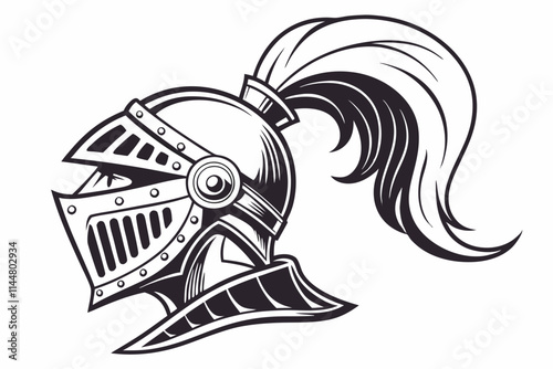 Medieval Helmet, A detailed knight's helmet with a plume vector silhouette on a white background