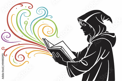 Mage with a Spellbook, A robed figure holding an open book with swirling magical effects vector silhouette on a white background