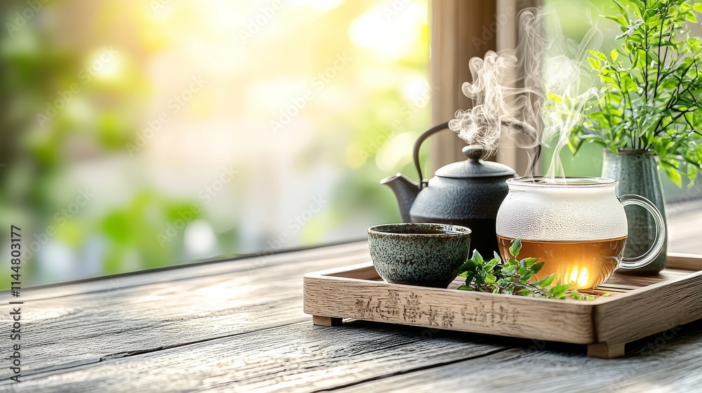 Elegant Tea Set on Wooden Tray Elegant Tea Set on Wooden Tray