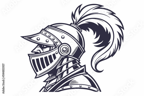 Medieval Helmet, A detailed knight's helmet with a plume vector silhouette on a white background