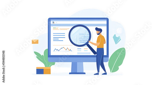 Man Analyzes Data Using Magnifying Glass On Computer Screen