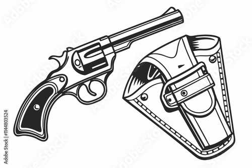 Pistol and Holster, A detailed revolver paired with a holster or a futuristic blaster vector silhouette on a white background