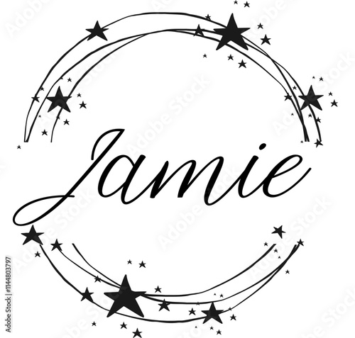 jamie - name written between circles and stars, round logo, vector graphic design for parties and Christmas time, banners, postcards, sweatshirt, prints, cricut, silhouette, sublimation	