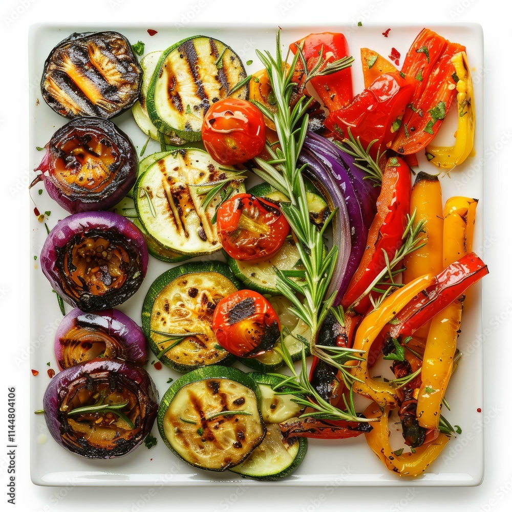 Delicious grilled vegetables such as zucchini, peppers, tomatoes and onions seasoned with rosemary