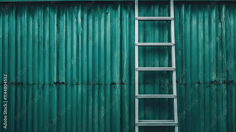 Dark teal metal roofing complemented by a ladder in the background, highlighting the unique texture and color of the metal roofing, with ample copy space for various uses. Dark teal metal roofing complemented by a ladder in the background, highlighting the unique texture and color of the metal roofing, with ample copy space for various uses.