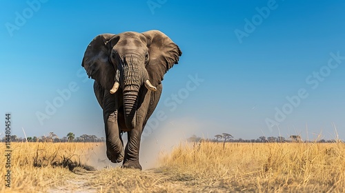 Majestic Elephant Charging Through Savanna: A Display of Power and Grace in the African Wilderness photo