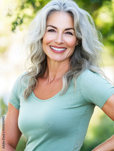 Smiling mature woman with gray hair in a natural outdoor setting.