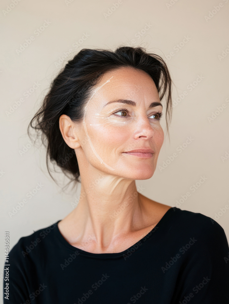 Confident mature woman with facial line diagram on beige background. Confident mature woman with facial line diagram on beige background.
