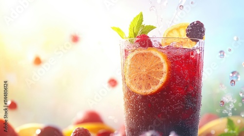 Fruit and berry lemonade creates a refreshing summer sensation. This healthy summer drink bursts with flavor, perfect for quenching thirst. Ideal for a copy space banner. photo