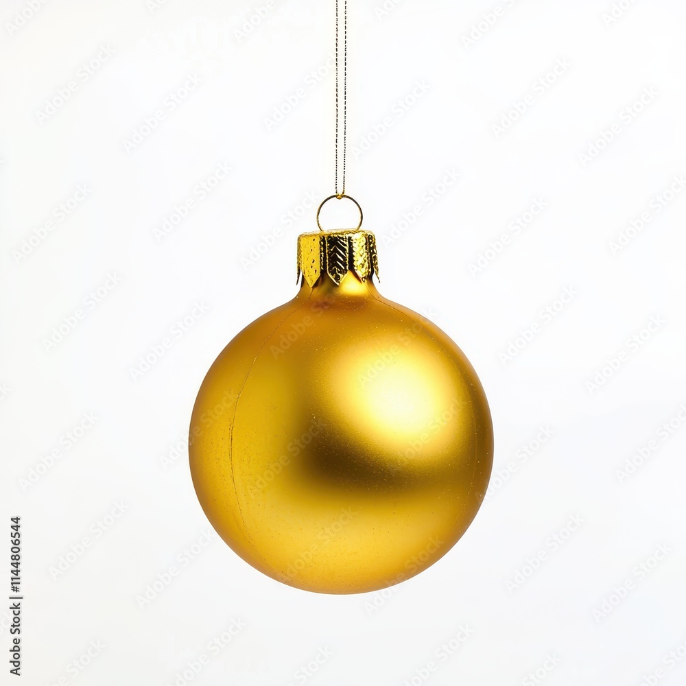 Yellow Christmas ornament hangs on a thread, against an isolated white background Yellow Christmas ornament hangs on a thread, against an isolated white background