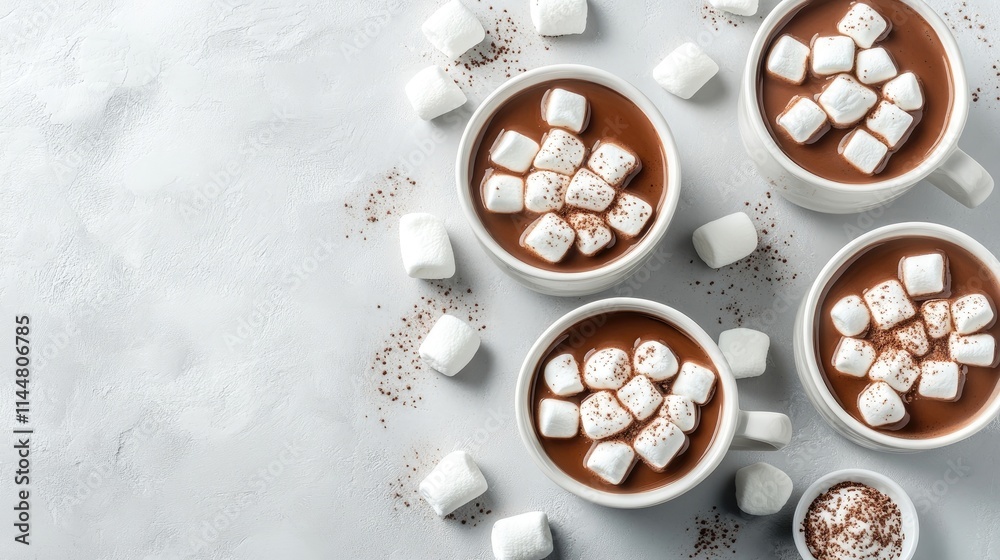 Four cups of hot chocolate topped with marshmallows arranged on a grey background. This hot chocolate image includes ample copy space for a greeting card design. Four cups of hot chocolate topped with marshmallows arranged on a grey background. This hot chocolate image includes ample copy space for a greeting card design.