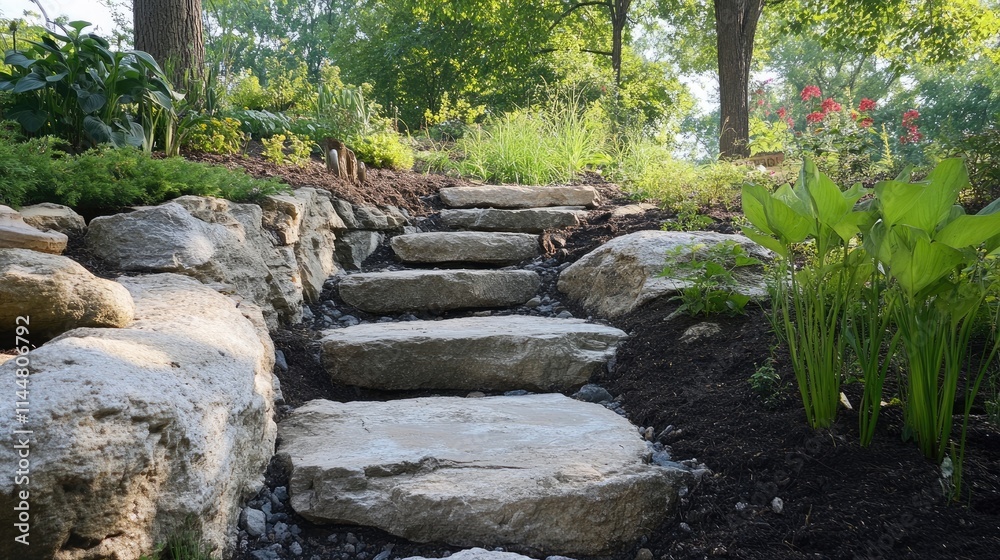 Stony steps lead downwards, inviting exploration among nature, with a focus on the descending path that weaves through the natural scenery, perfect for a tranquil outdoor experience. Stony steps lead downwards, inviting exploration among nature, with a focus on the descending path that weaves through the natural scenery, perfect for a tranquil outdoor experience.