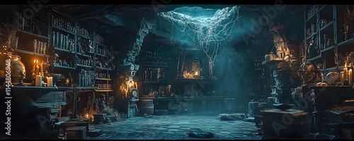 Evil sorcerer s lair filled with mysterious artifacts, dark magic crackling in the air, an aura of pure dread