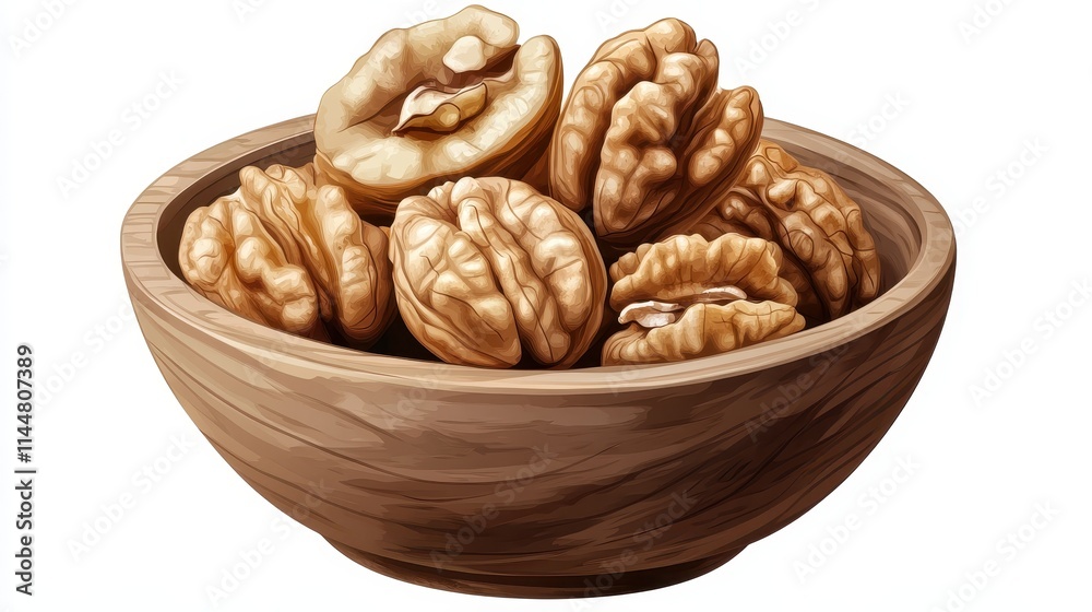 Walnut halves and shelled walnuts in a wooden bowl on a transparent background Walnut halves and shelled walnuts in a wooden bowl on a transparent background