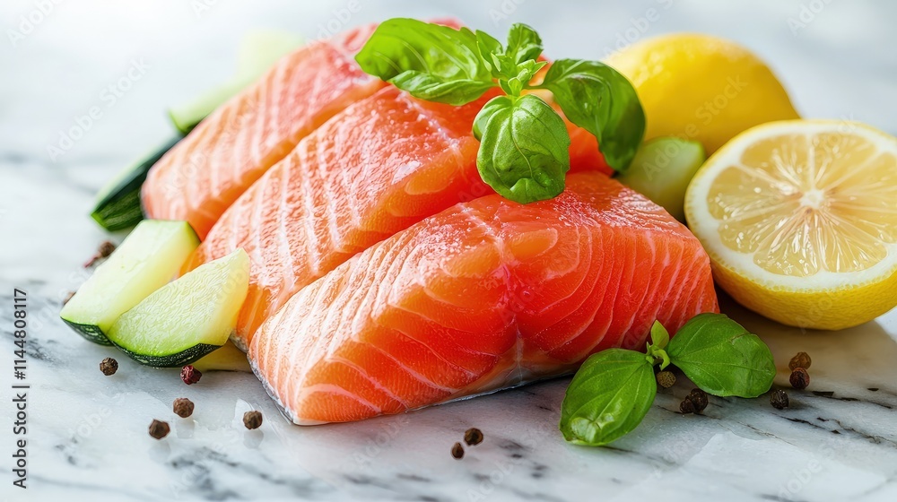 Fresh salmon fillets with lemon, cucumber, and basil. Fresh salmon fillets with lemon, cucumber, and basil.