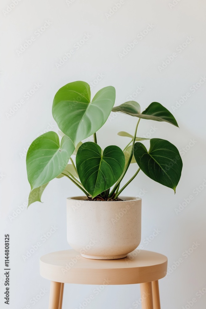 A small plant is sitting on a wooden table. The plant is green and has a heart shape. The table is white and the plant is in a white pot. The scene is simple and peaceful A small plant is sitting on a wooden table. The plant is green and has a heart shape. The table is white and the plant is in a white pot. The scene is simple and peaceful