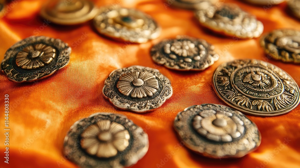 Close-up view of small medallions crafted from metal or stone, displayed against a vibrant orange cloth backdrop, highlighting the intricate details of each medallion. Close-up view of small medallions crafted from metal or stone, displayed against a vibrant orange cloth backdrop, highlighting the intricate details of each medallion.
