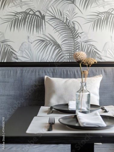 Elegant restaurant table setting with grey upholstered bench, dried flowers, and palm leaf wallpaper.