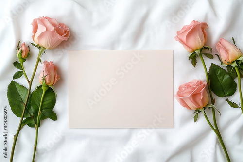 blank card surrounded by delicate pink roses on soft white fabric creates serene and elegant atmosphere, perfect for expressing heartfelt messages